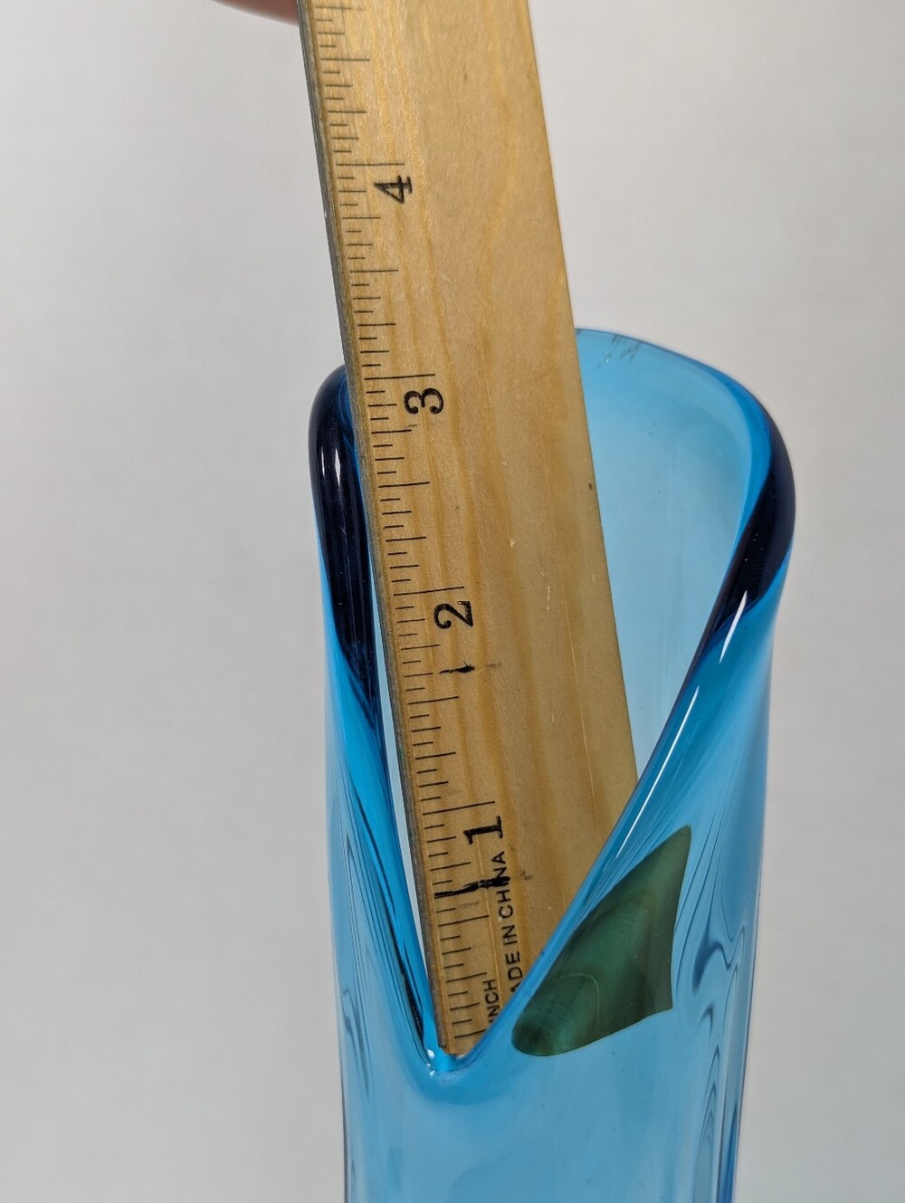 VTG Blue Art Glass Vase 14" Tall Asymmetrical Wavy Rim Faceted Geometric Base - Picture 10 of 12